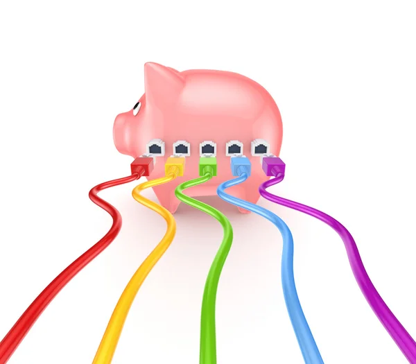 Bunte Patchcords mit Sparschwein verbunden. — Stockfoto