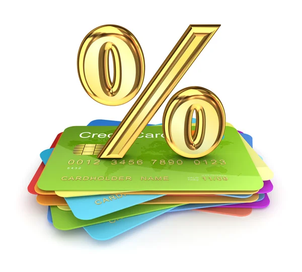 Symbol zlaté procenta na barevné kreditní karty. — Stock fotografie