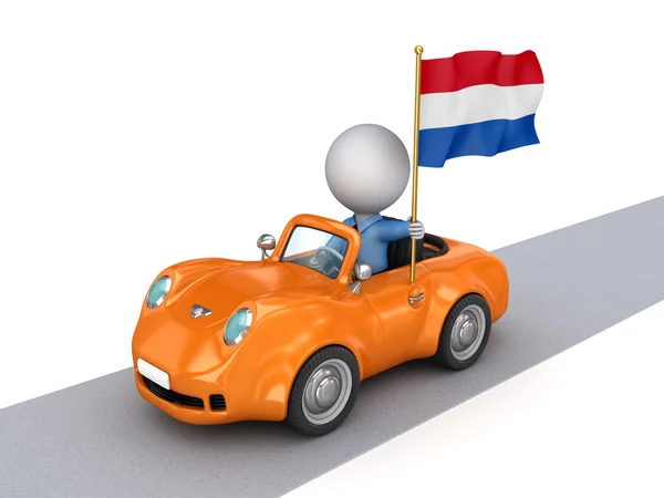 3d persona pequeña en un coche con bandera de los Países Bajos . —  Fotos de Stock