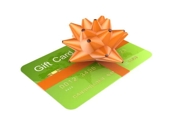 Green credit card decorated with an orange ribbon. — Stock Photo, Image