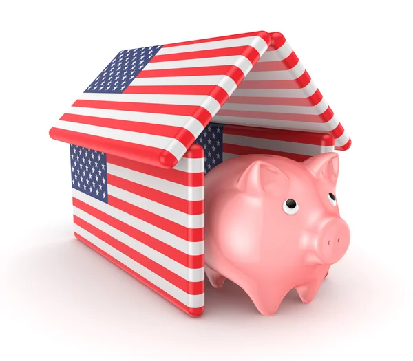 Piggy bank under the roof made of american flags. — Stock Photo, Image