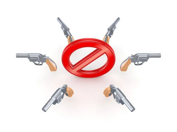 Хромированные револьверы вокруг красного символа остановки . — стоковое фото