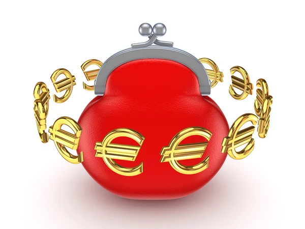 Euro signs around red purse. — Stock Photo, Image