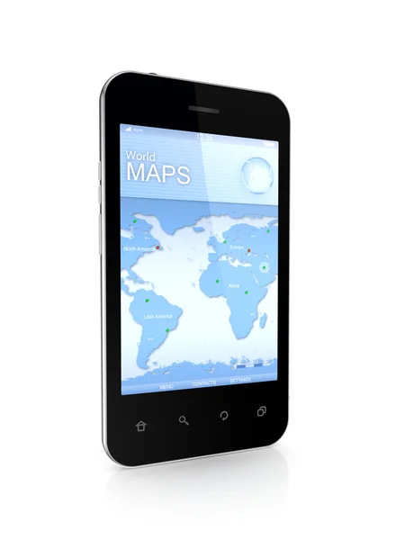 Μοντέρνο κινητό τηλέφωνο ένα παγκόσμιο χάρτη. — Φωτογραφία Αρχείου