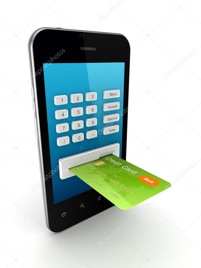 Colorful credit card connected to mobile phone.