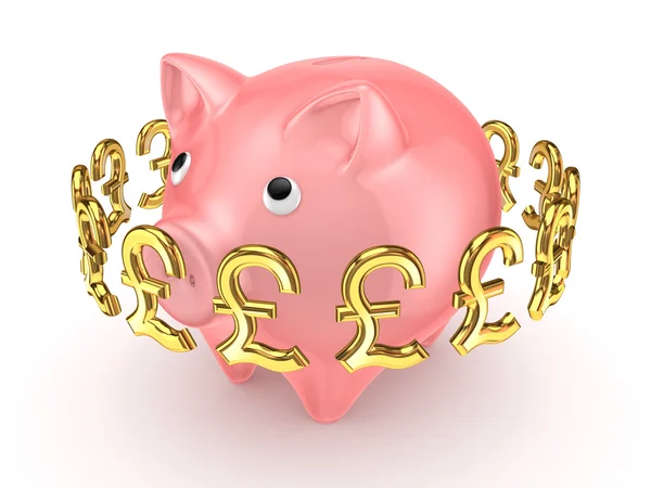 Pound sterling signs around pink piggy bank. — Stock Photo, Image