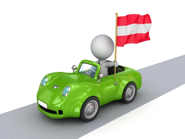 3D-kleine persoon op oranje auto met Oostenrijkse vlag. — Stockfoto