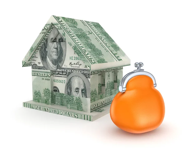 Litet hus gjorda av pengar och orange handväska. — Stockfoto