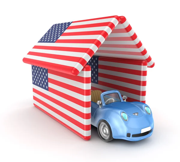 Small car under the roof made of American flags. — Stock Photo, Image