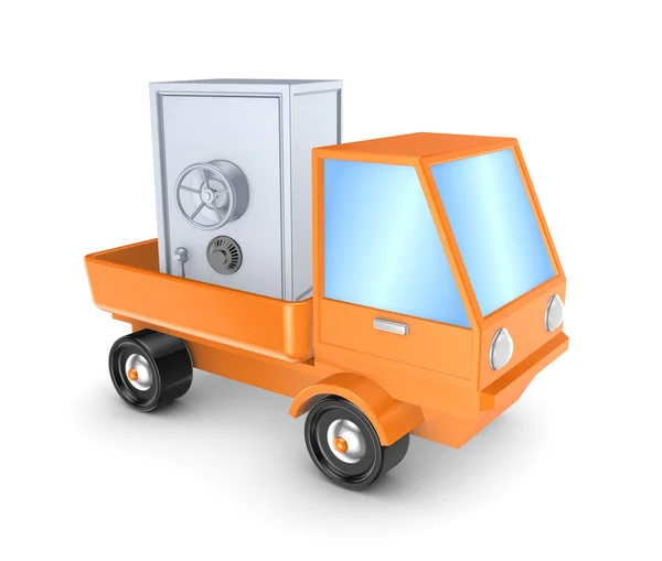 Iron safe in orange truck. — Stock Photo, Image