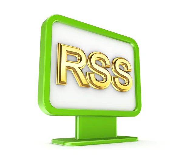 Green lightbox with a golden word RSS. — Stock Photo, Image