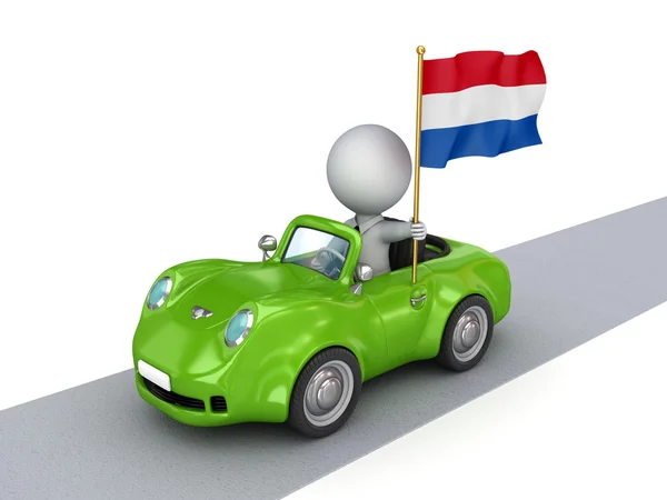 Pequeña persona en coche naranja con bandera de Holanda . —  Fotos de Stock