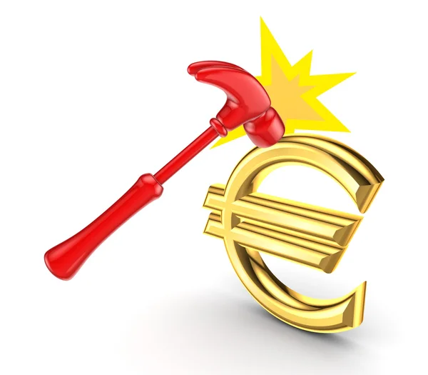 Un martillo que golpea el signo del euro . — Foto de Stock