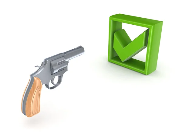 Revolver and green tick mark. — Stock Photo, Image