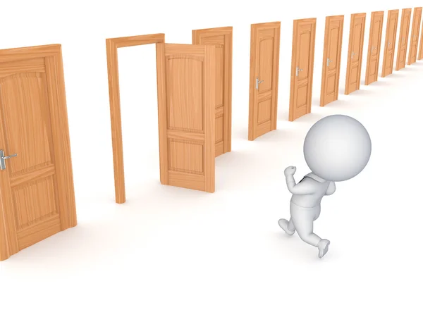 3d small person running through opened door. — Stock Photo, Image