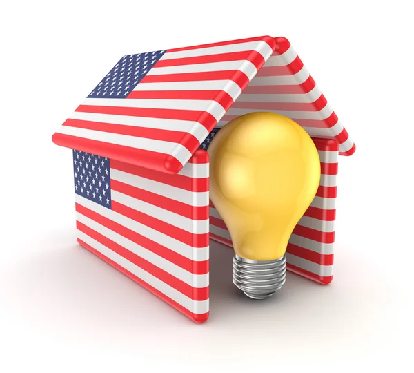 Idea symbol under the roof made of American flags. — Stock Photo, Image