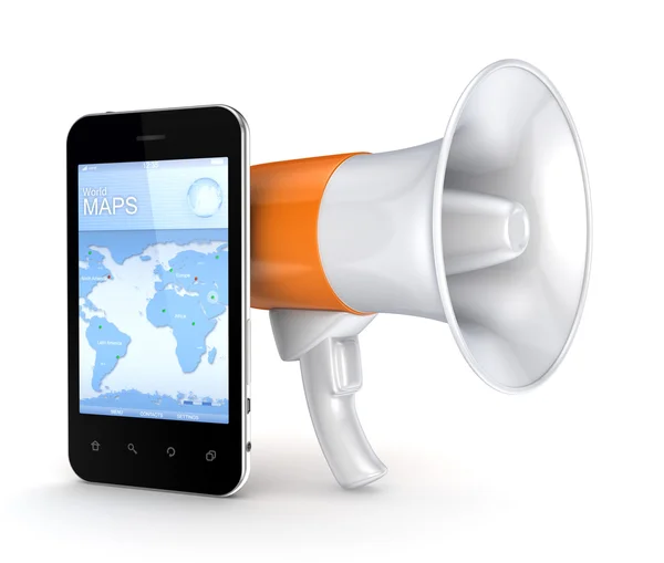 Speaking trumpet and modern mobile phone. — Stock Photo, Image