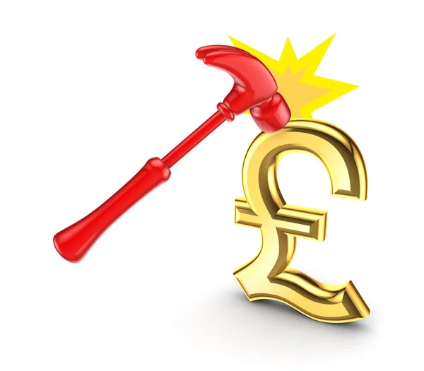 Ein Hammer, der das Zeichen des Pfund Sterling trifft. — Stockfoto