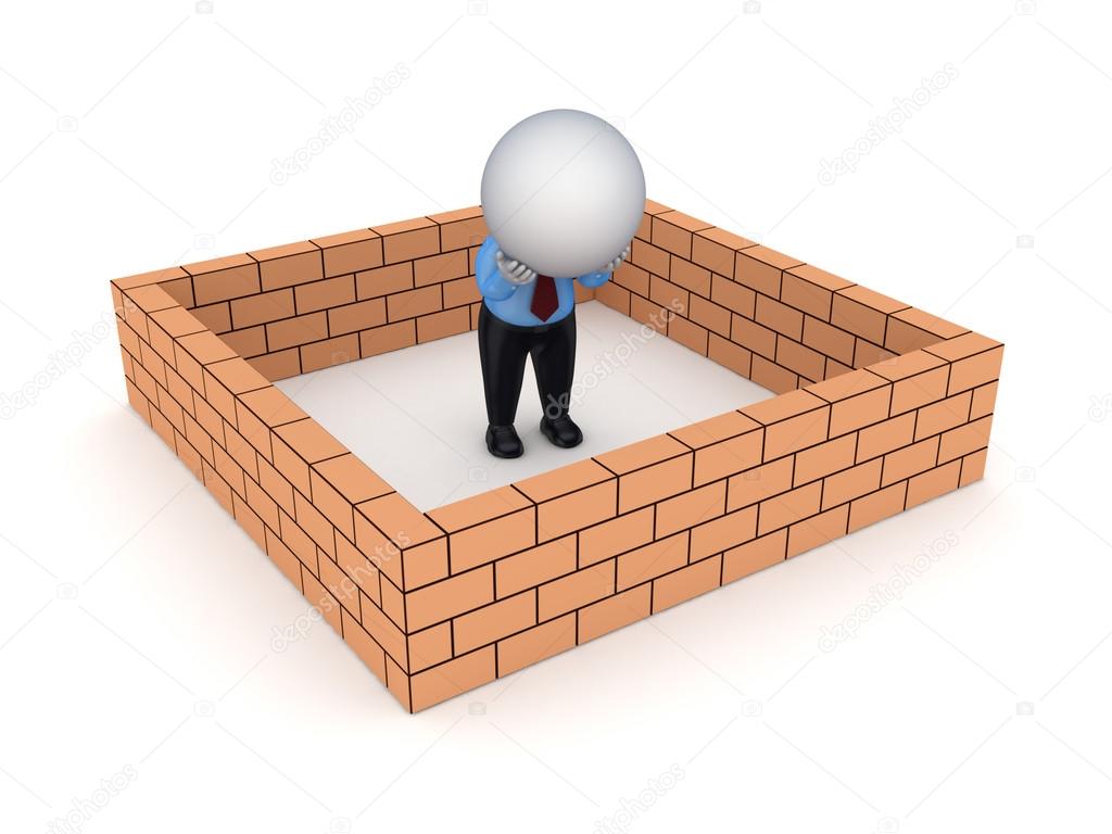 3d small person behind brick wall.