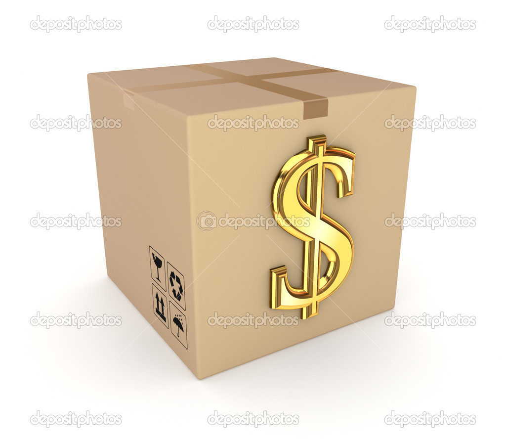 Carton box with golden dollar sign.