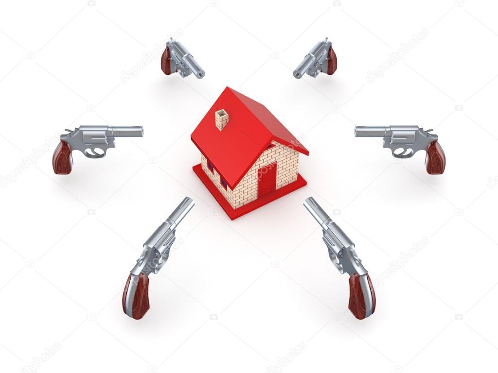 Revolvers around red house.