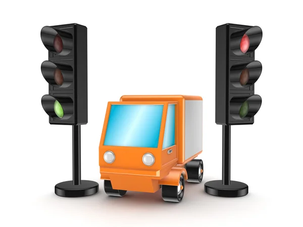 Trafik ışıkları arasındaki turuncu kamyon. — Stok fotoğraf