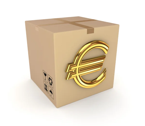Kartónová krabice s zlatý symbol měny euro. — Stock fotografie