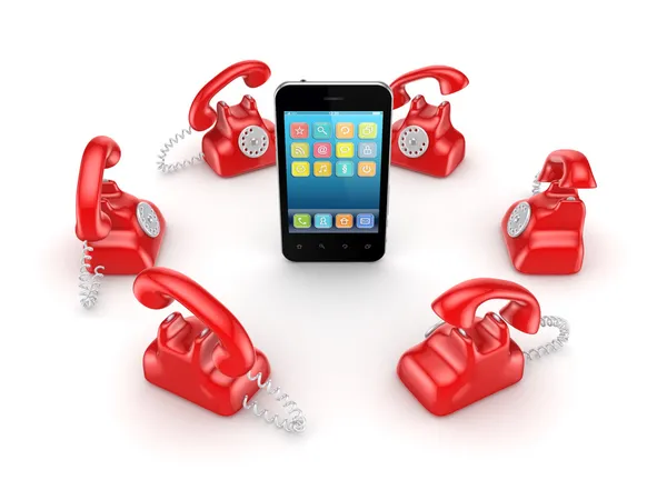 Telefones vintage vermelhos em torno do telefone móvel moderno . — Fotografia de Stock
