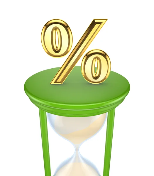 Golden Percent symbol on a green sand glass. — Stock Photo, Image