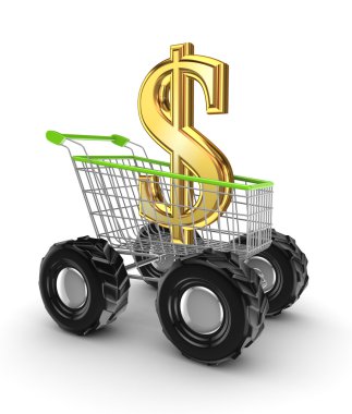 dolar işareti içinde bir alışveriş arabası.