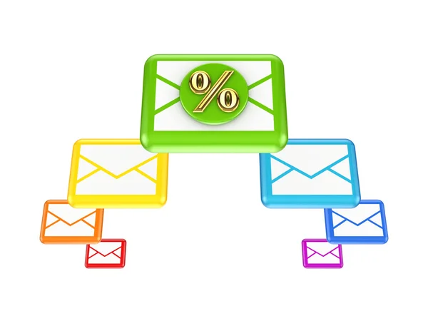 Colorful envelopes and golden percent symbol. — Stock Photo, Image
