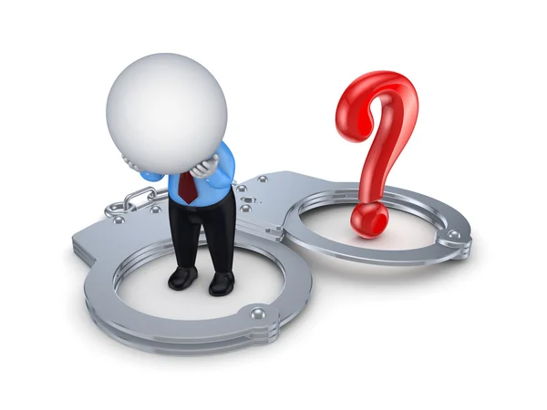 Sad 3d small person, handcuff and red query mark. — Stock Photo, Image