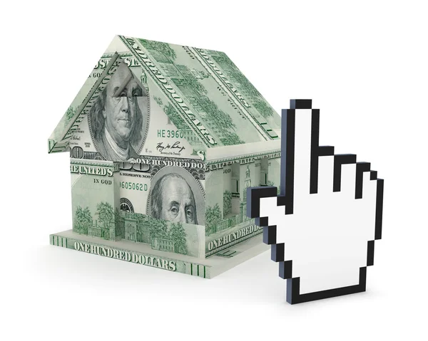 Small house made of dollars and large cursor. — Stock Photo, Image