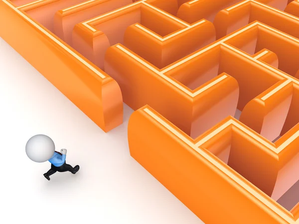 3D kleine Person, die zu einem Labyrinth rennt. — Stockfoto