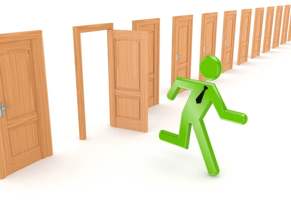 3d small person running through opened door. — Stock Photo, Image