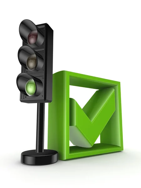 Traffic light and green tick mark. — Stock Photo, Image