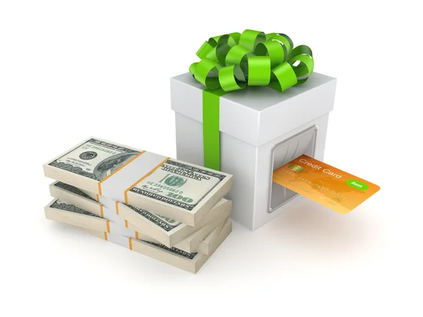 Credit card inserted in a gift box. — Stock Photo, Image