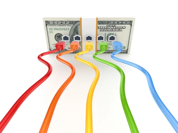 Colorful patchcords connected to pack of dollars. — Stock Photo, Image