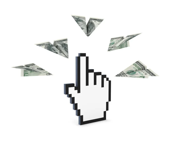 Paperplanes made from dollars around cursor. — Stock Photo, Image