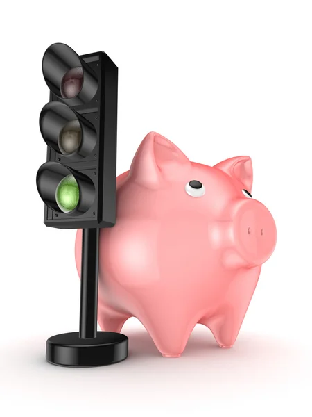 Traffic light and pink piggy bank. — Stock Photo, Image
