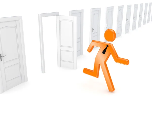 3d small person running through opened door. — Stock Photo, Image