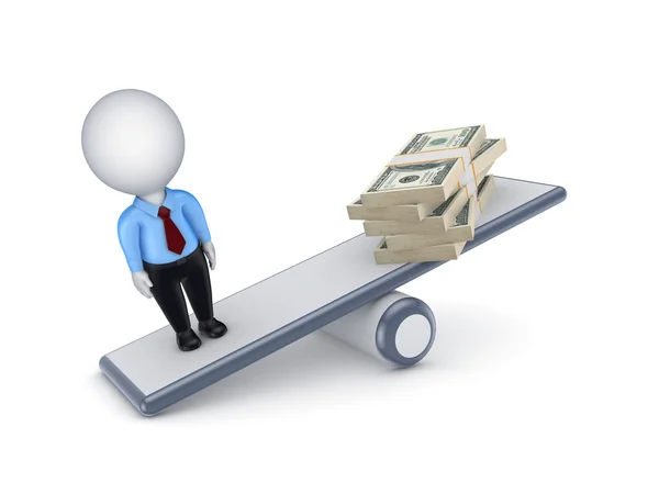Big dollar pack ans 3d small person on a scales. — Stock Photo, Image