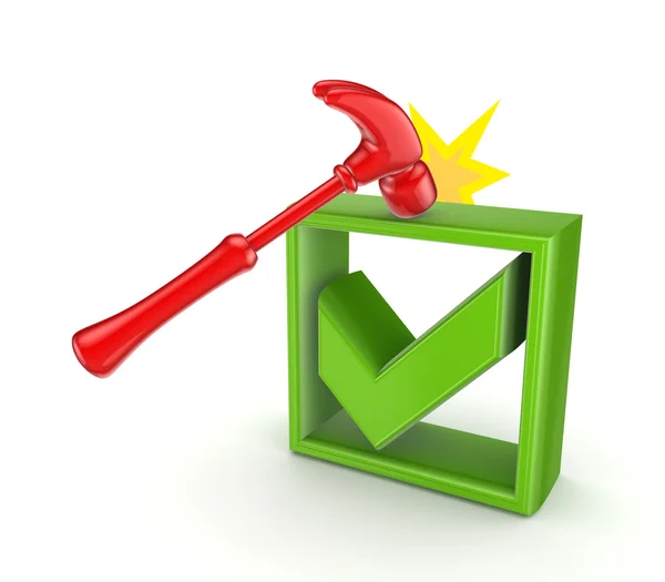 A hammer that hits green tick mark. — Stock Photo, Image