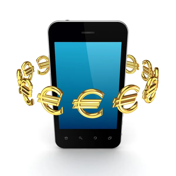 Евро знаки вокруг современного мобильного телефона . — стоковое фото