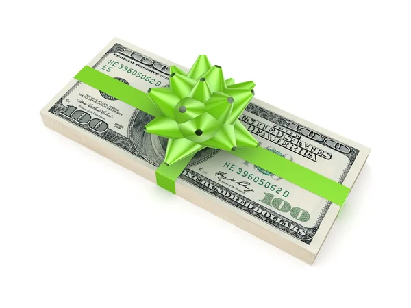 Dollar pack decorated with a green ribbon. — Stock Photo, Image