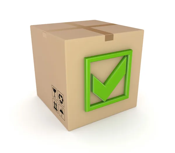 Green tick mark on a carton box. — Stock Photo, Image