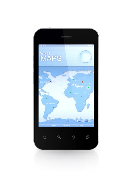 Modern mobile phone a world map. — Stock Photo, Image