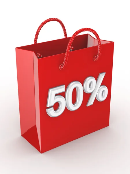 The red bag labeled "50%". — Zdjęcie stockowe