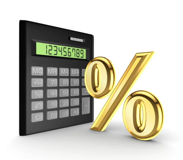 Miniräknare och gyllene tecken på procent. — Stockfoto