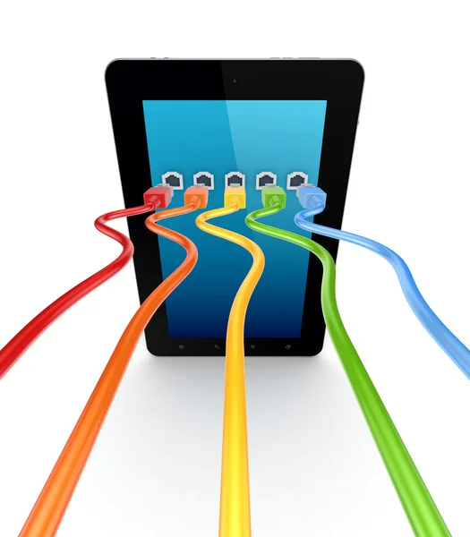 Patchcord colorati collegati al tablet pc . — Foto Stock